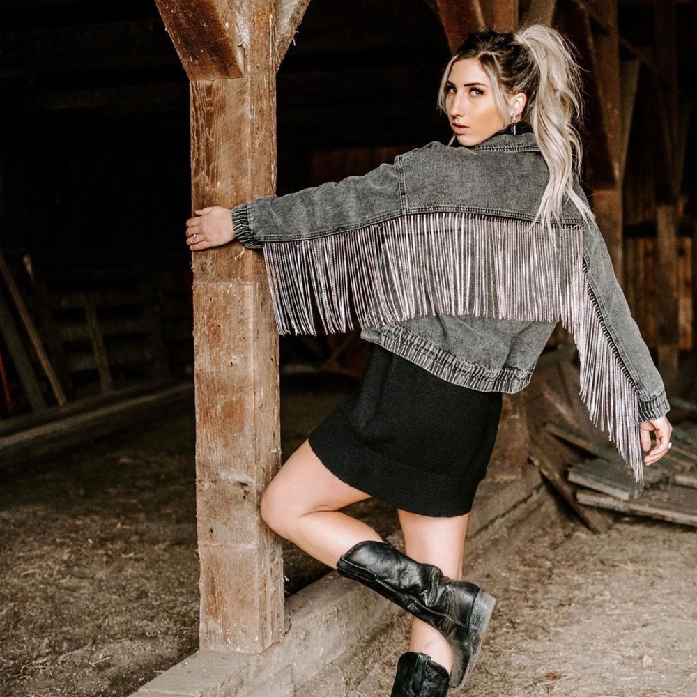 🚨LAST SMALL EVER🚨Last Call Rhinestone Fringe Denim Jacket - Picture 15 of 16